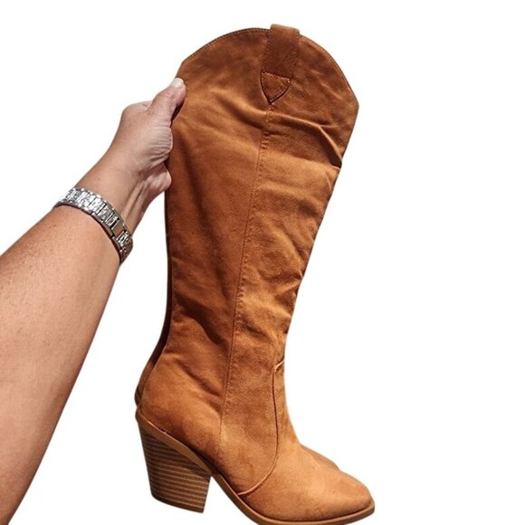 Vegan Suede Western Knee-High Boots Cognac Brown Women's 7.5 - Picture 1 of 15